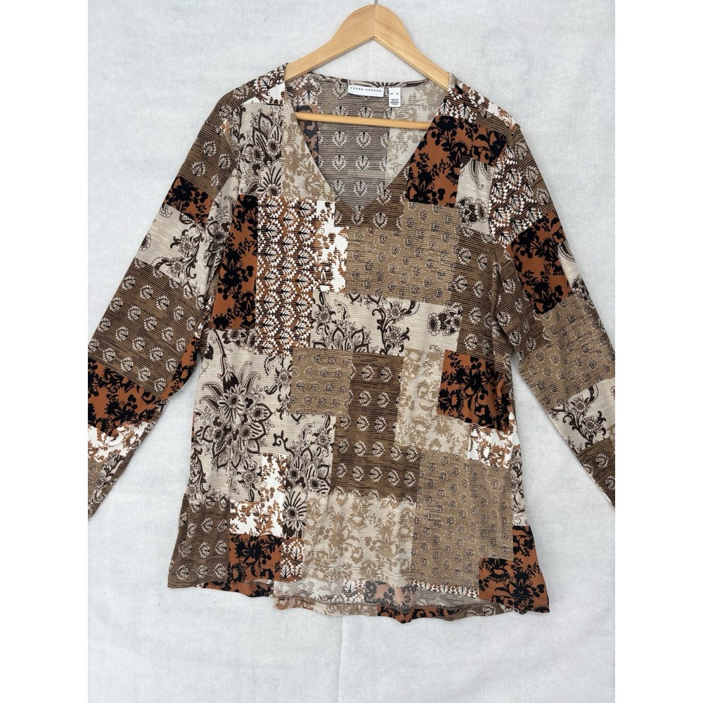 Susan Graver Top Shirt Womens XL Brown Beige Patchwork Stretch V Neck Casual